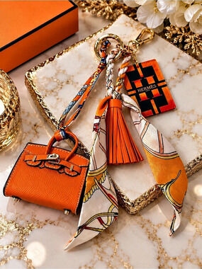 Orange Mini Handbag Charm Keychain with Twilly Scarf & Tassel